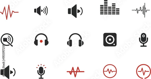 Assortment of audio and sound related icons in black and red music voice