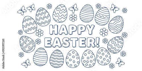 Happy Easter coloring page, festive spring holiday illustration, decorative eggs and flowers, butterfly doodle design, children activity template, celebration art