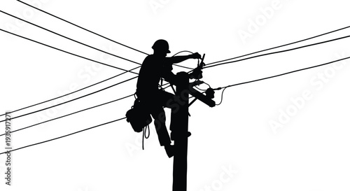A lineman skillfully ascends a utility pole while working with electrical wires captured in stark silhouette high quality professional