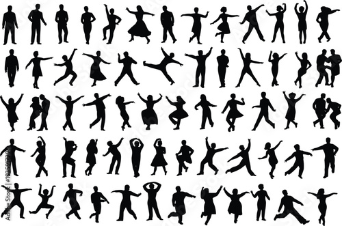 Dance silhouettes collection, human movement icon set, expressive choreography illustration, performing arts vector, dynamic figure artwork, ballet pose design, contemporary dance concept