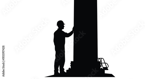 A stark depiction of a construction worker leaning against a large pillar rendered as a dramatic silhouette high quality