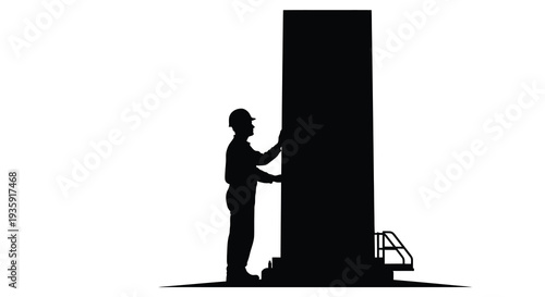 A construction worker inspects a large dark panel against a bright white backdrop a striking silhouette high quality