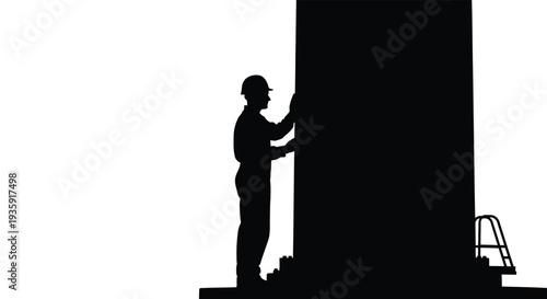 A construction worker in full gear adjusts a large dark panel against a bright white backdrop silhouette high quality
