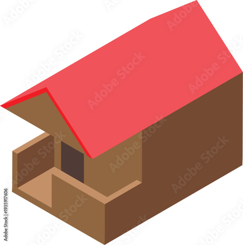 Isometric view of a small wooden house featuring a red roof and a balcony, ideal for architectural projects or real estate presentations