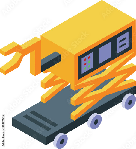 Mobile lifting platform with hydraulic scissor lift extended and control panel, isometric view