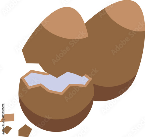 One cracked eggshell with visible egg white, and one whole egg, illustrating protein rich food concept