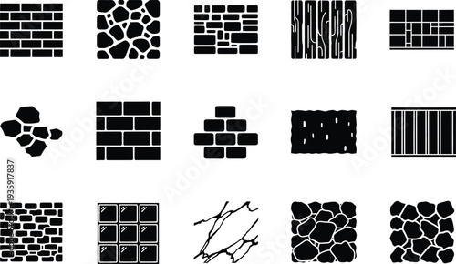 Collection of black and white masonry and wall texture icons for architectural design