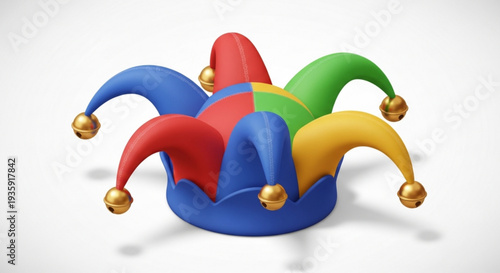 Colorful jester's hat with multicolored points and gold bells on transparent background