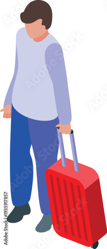 Young tourist walking and carrying red rolling suitcase, isometric projection