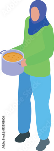 Muslim woman wearing hijab holding pot with traditional food, representing islamic culture, cuisine, and culinary traditions