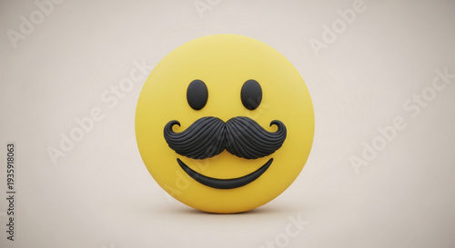 Smiling yellow emoji with black mustache and facial hair on transparent background