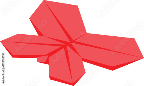 Red geometric origami cross shape floating on white background, creating a modern and abstract design