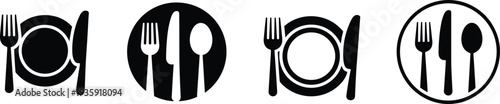 Restaurant plate and cutlery icons set, fork knife spoon symbols, dining tableware illustration, food service menu sign
