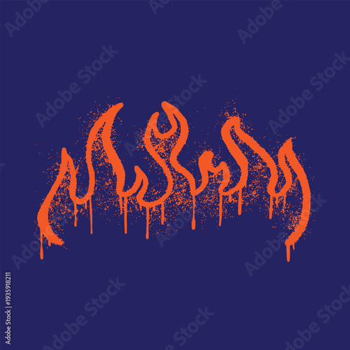 Vibrant orange graffiti flames with paint splatters on a dark blue background, creating a fiery and edgy graphic design.