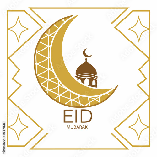 Luxury Gold Eid Mubarak Islamic Crescent Moon with Mosque Vector Illustration
