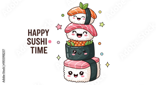Cute sushi characters stacked high with happy faces