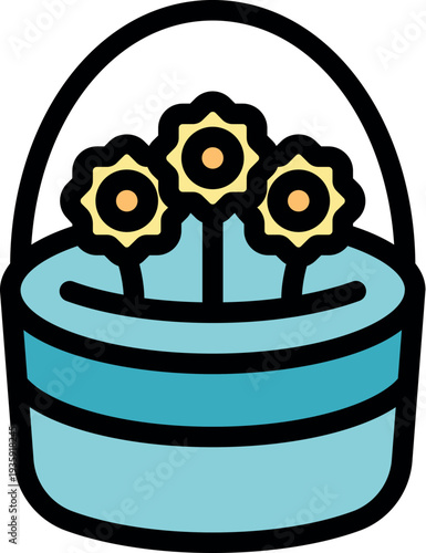 Three small yellow flowers growing in light blue basket with handle, gardening and blooming concept