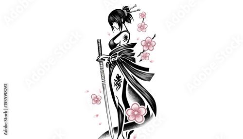 Elegant geisha warrior with sword surrounded by cherry blossoms