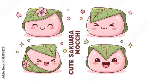 Adorable Sakura Mochi characters with cute expressions and cherry blossom motifs