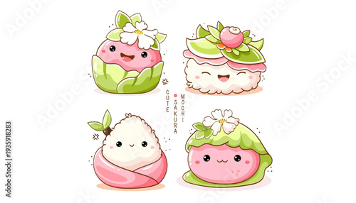 Adorable mochi characters with cherry blossom decorations smiling