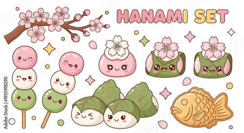 Cute Japanese sweets and cherry blossoms for Hanami celebration