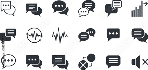 Monochrome Icons Depicting Chat Bubbles and Communication Symbols Keywords: icon, set, chat, bubble, message, communication, dialogue