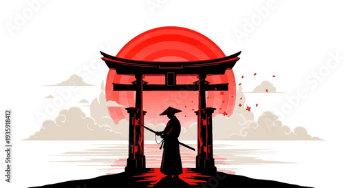 Samurai standing guard at traditional Japanese torii gate during sunset