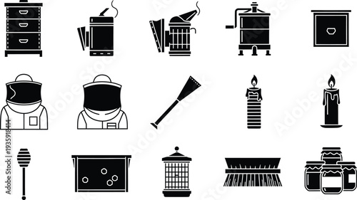 Set of black and white beekeeping icons featuring hive, smoker, honey extractor, and protective gear.