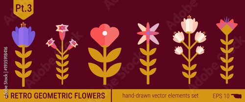 Flat botanical icon set in brutalist geometric style, inspired by retro medieval rosettes and minimal contemporary logo aesthetics.