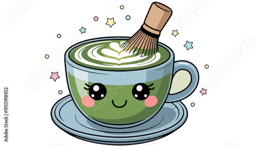 Whimsical matcha tea cup with heart design and happy face