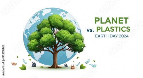 Earth day 2024 poster with tree and globe planet vs plastics campaign