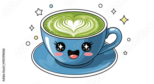 Cute cartoon blue coffee cup with green matcha latte art on white background