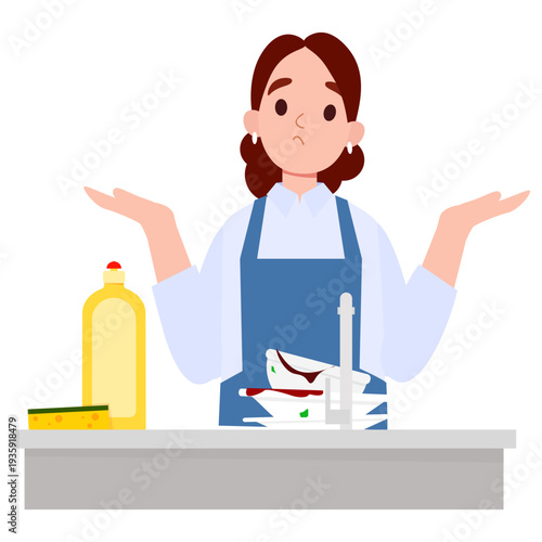 Overwhelmed Woman mother Shrugging at Dirty Dishes