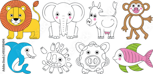 Collection of cute cartoon safari and sea animals, lion elephant cow monkey dolphin crab pig fish for children