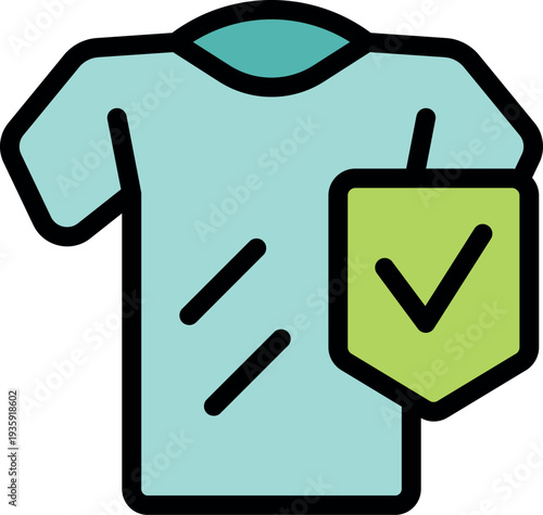 Green shield with check mark displayed on a light blue t shirt, representing quality textile and fabric