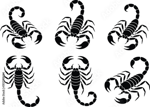 Scorpion silhouettes set, dangerous scorpion insect icons, black scorpion vector collection, desert arachnid symbol, wildlife tattoo design illustration