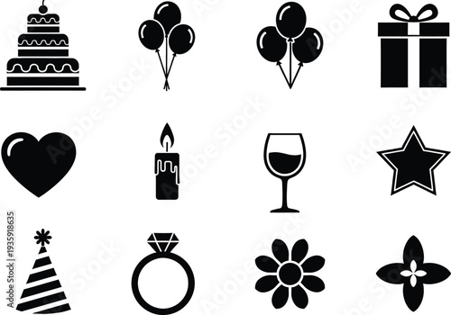 Collection of black and white celebration and party icons including cake balloons and gifts