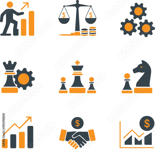 Business strategy and financial management icon set with chess, scales of justice, growth charts, and handshake.