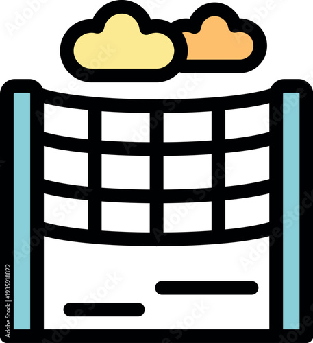 Volleyball net set up on a court under a cloudy sky, ready for a game