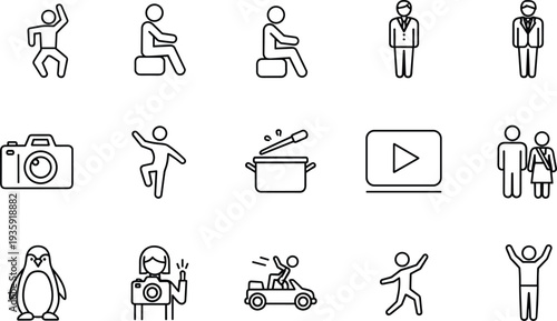 Icon, silhouette, dancing, travel, suitcase, business, professional, cooking, camera, video, penguin, car, celebration, lifestyle, character, design, illustration, activity, entertainment, concept