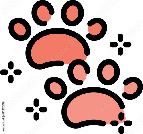 Two vibrant pink paw prints sparkle, suggesting a playful and magical journey