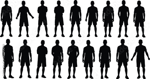 Male silhouette collection, standing poses, casual outfit, shorts and t-shirt, group lineup, posture variation, vector design, character reference, team concept