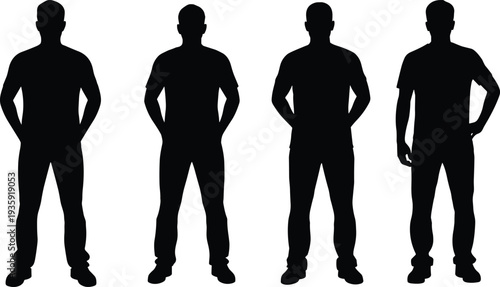 Male silhouette figures, standing posture, body language, human stance, black silhouettes, lifestyle concept, design element, illustration art, vector people, communication gesture