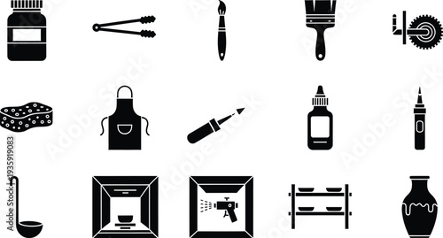 Collection of black solid icons for pottery craft tools including kiln apron brush and sponge