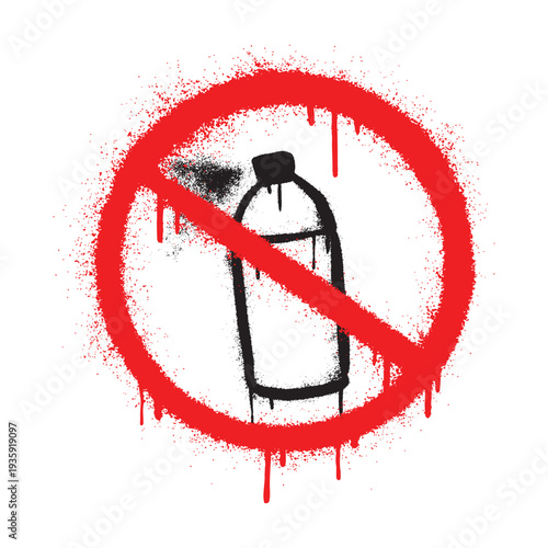 Graffiti style no spray bottle sign with red circle and diagonal line indicating prohibition or restriction.