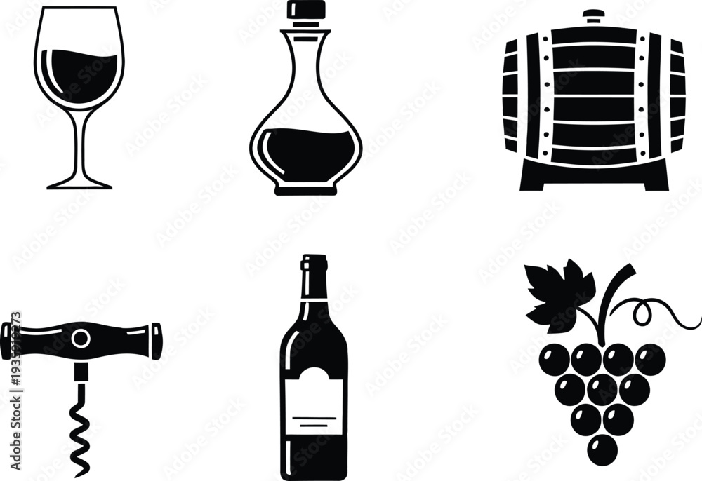 Fototapeta premium Collection of minimalist wine related icons including a bottle glass barrel and grapes