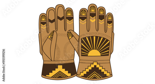 Tan Gloves with Geometric Patterns and Designs.