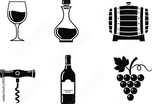 Collection of minimalist wine related icons including a bottle glass barrel and grapes