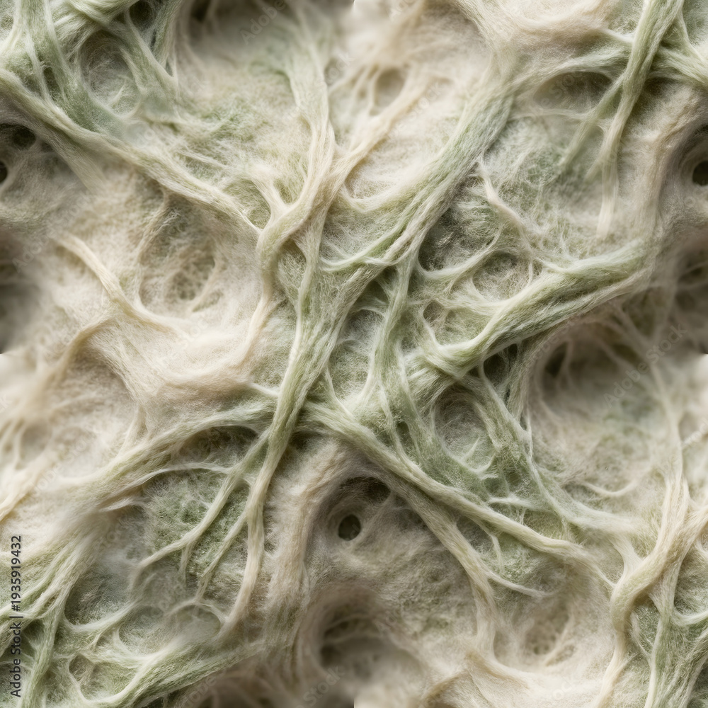Obraz premium Macro photography of a seamless organic fiber texture. Features intricate interwoven pale green and cream filaments with a soft, porous, and microscopic biological or recycled material appearance.