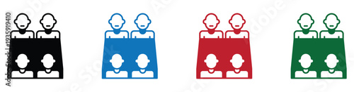 Four diverse business professionals in suits voting or selecting options on colored panels isolated on white background